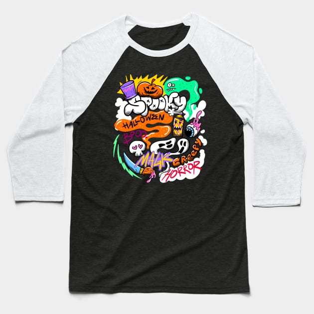 Halloween Graffiti Baseball T-Shirt by yogisnanda